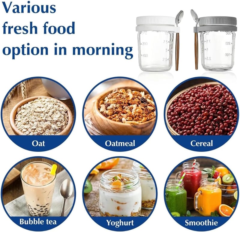 Generisch 2 db Overnight Oats üveg tetővel és kanállal, 350 ml, légmentes tárolóedény