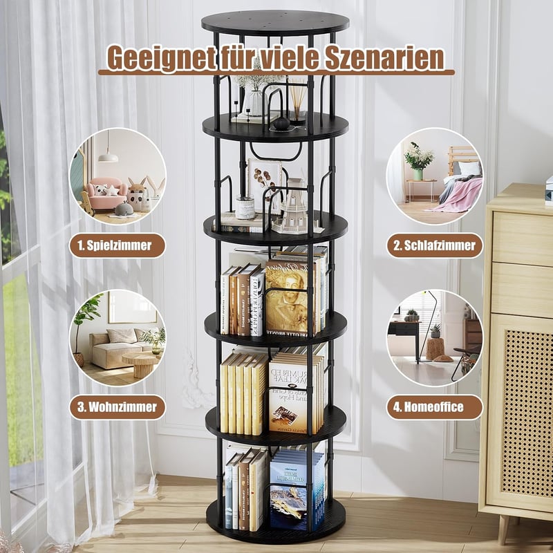 Generisch 360 fokban forgó álló fa könyvespolc 5 szinttel, állítható polcokkal, 45 x 45 x 160 cm, fekete