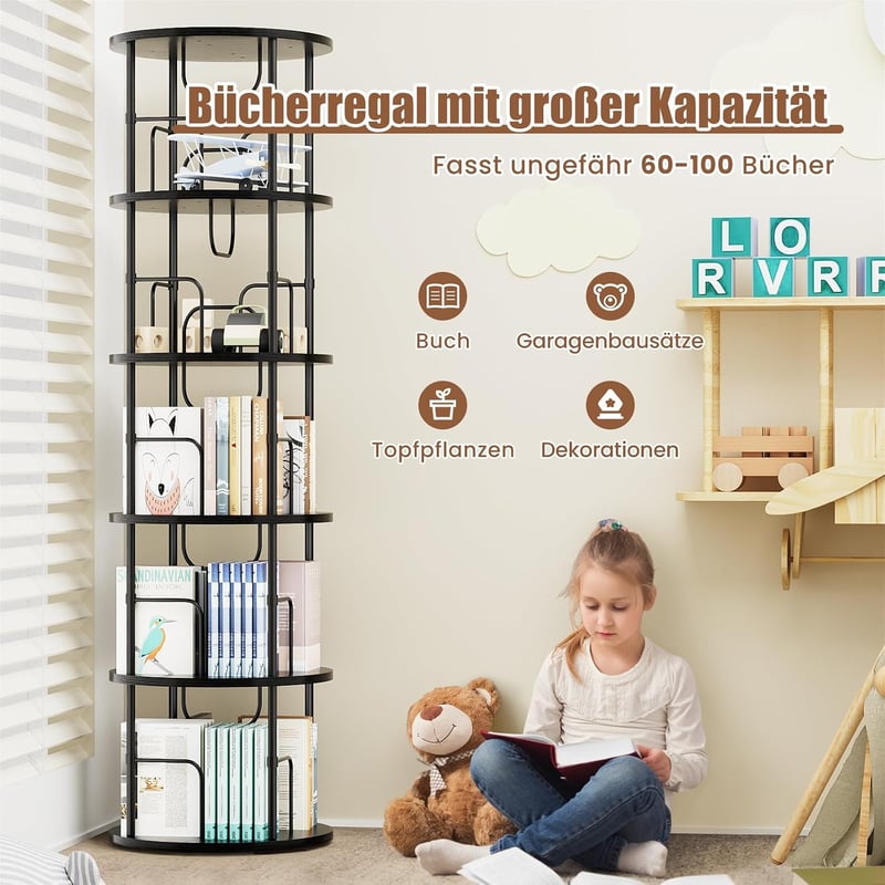 Generisch 360 fokban forgó álló fa könyvespolc 5 szinttel, állítható polcokkal, 45 x 45 x 160 cm, fekete