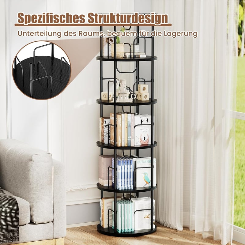 Generisch 360 fokban forgó álló fa könyvespolc 5 szinttel, állítható polcokkal, 45 x 45 x 160 cm, fekete