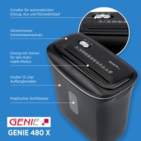 Skartovačka GENIE 480 X, kapacita 8 listov, úroveň zabezpečenia P-4, s odpadkovým košom, čierna, 322 x 325 x 170 mm 8
