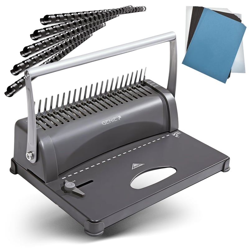 Aparat de îndosariat cu spirală Genie CB 850 - capacitate 350 coli, DIN A4, cu set de pornire de 75 piese, argintiu/negru