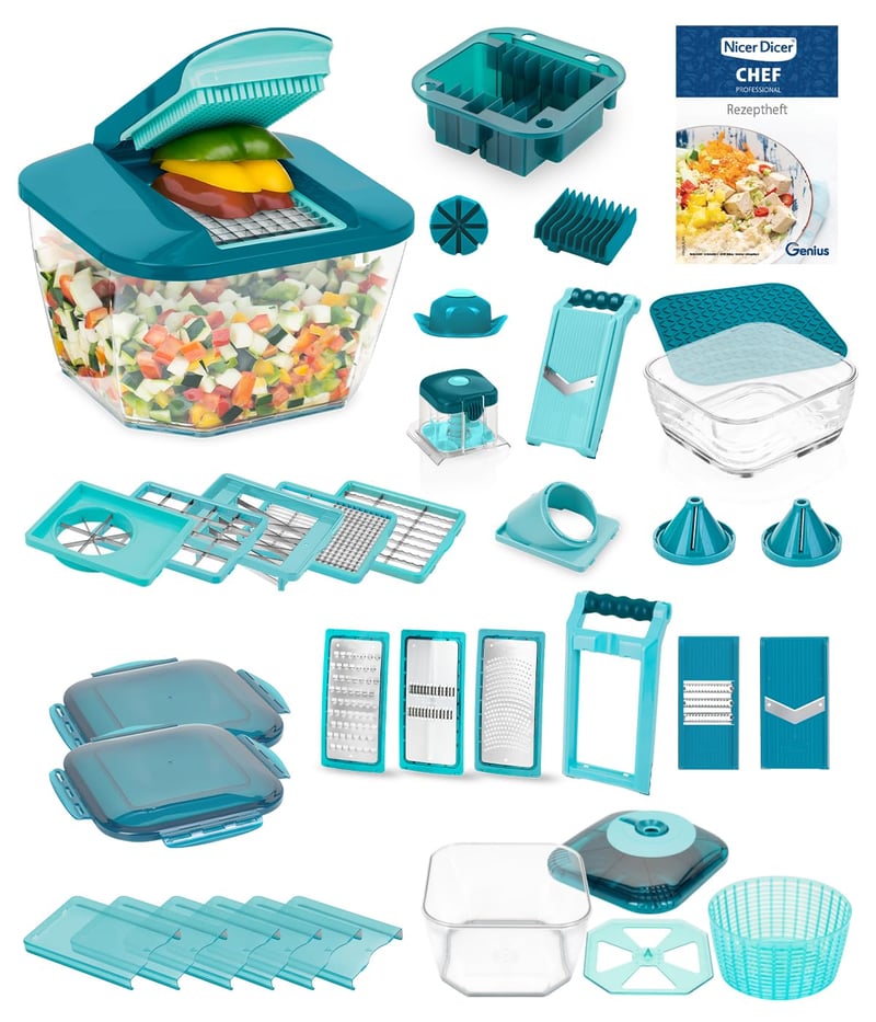 Aparat de feliat legume Genius Nicer Dicer Chef Professional Deluxe, 39 de piese, cu recipient de 5,2 L și bol din sticlă de 2,8 L, aparat de tăiat spiralat, dispozitiv pentru cartofi prăjiți