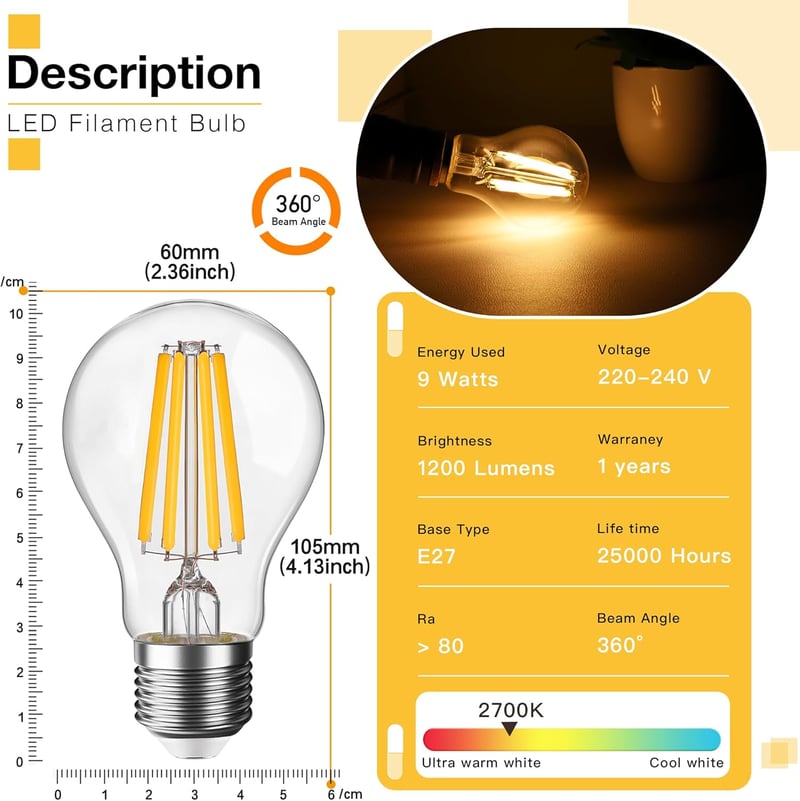 Genixgreen E27 Dimmelhető LED Izzó, 9W 1200 Lumen, 2700K Meleg Fehér, 100W Egyenértékű, Filament Technológia, Csillárba, Fali és Mennyezeti 