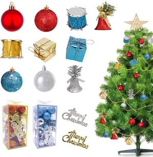 Set de decorațiuni de Crăciun Geoyien, 64 buc. - Globuri, tobe, clopoței, cutii de cadouri albastre și roșii - Ornamente de brad impermeabile din PVC cu cutie de depozitare