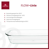 Sklenená zapekacia misa Gerlach 1760 Flow 2 l, ohňovzdorné borosilikátové sklo, hranatý pekáč 32,5 x 20 cm do rúry a mrazničky 2