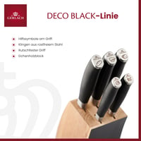 Súprava kuchynských nožov Gerlach Deco Black, 5-dielna, v bloku z bukového dreva, nerezová oceľ, zahŕňa kuchársky nôž, nôž na chlieb a nôž na zeleninu s rukoväťou z ABS. 2