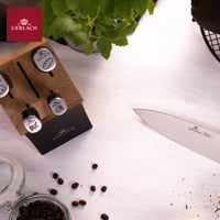 Súprava kuchynských nožov Gerlach Deco Black, 5-dielna, v bloku z bukového dreva, nerezová oceľ, zahŕňa kuchársky nôž, nôž na chlieb a nôž na zeleninu s rukoväťou z ABS. 6