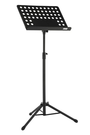 Skladací orchestrálny notový stojan GEWA - kovový, perforovaná a odnímateľná doska, kĺb z ABS plastu a hranolový mechanizmus, výška 67 – 120 cm, 3,8 kg, čierny