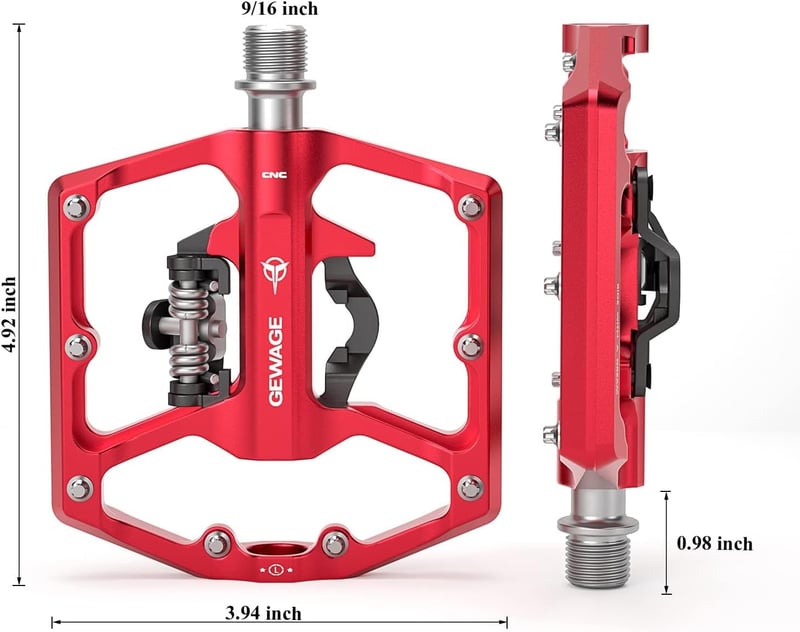 GEWAGE Alumínium Kerékpár Pedál - Kétfunkciós Lapos és SPD Klipszes Pedál MTB, BMX és Országúti Biciklikhez, Piros, 9/16"