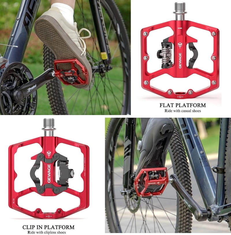 GEWAGE Alumínium Kerékpár Pedál - Kétfunkciós Lapos és SPD Klipszes Pedál MTB, BMX és Országúti Biciklikhez, Piros, 9/16"