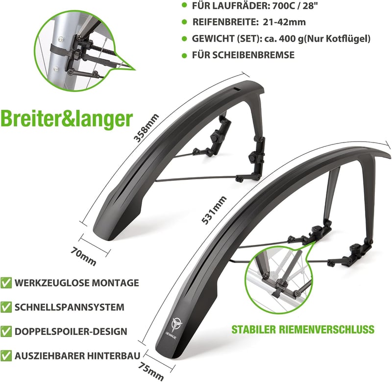GEWAGE Kerékpár sárvédő szett 700C 28 inch országúti és gravel kerékpárhoz szerszám nélküli szerelés dupla spoiler hosszabbítható sárvédő, f
