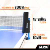Fileu de tenis de masă GEWO FleXX - cu cleme antiderapante reglabile, standard ITTF, extensibil până la 2 m, înălțime fileu 15,25 cm, pentru mese cu grosimea de până la 5 cm 4