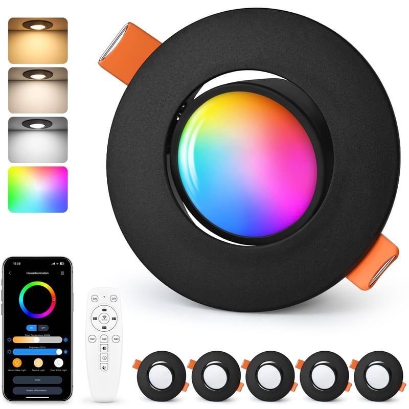GeyouLux LED ugradbena svjetiljka RGB s prigušivanjem, aplikacijom i daljinskim upravljačem, crna, set od 6 komada