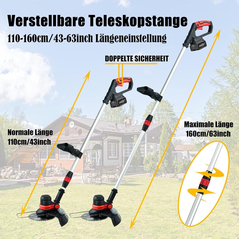 GfsGsjzc Akkumulátoros Fűkasza 24V Kerekes - Kefementes Motor, 30 cm Vágásszélesség, Makita Kompatibilis, 2 Akkumulátorral, 110-160 cm Állít