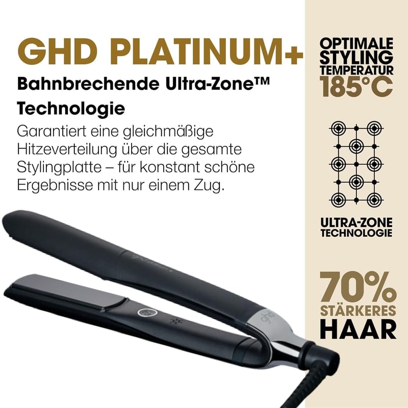 ghd Platinum+ Black Intelligent Professional Hair Straightener, Less Hair Breakage, More Shine and Colour Protection, Ultra Zone Technology, Optimal Comb Temperature 185ºC Homogeneous