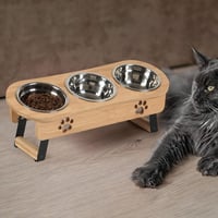 GHIAKQYT Emelt Macska Etetőállvány - 3 Rozsdamentes Acél Tállal, Állítható Magasságú, Bambusz Sárga, Kistestű Macskáknak, Kiscicáknak 8