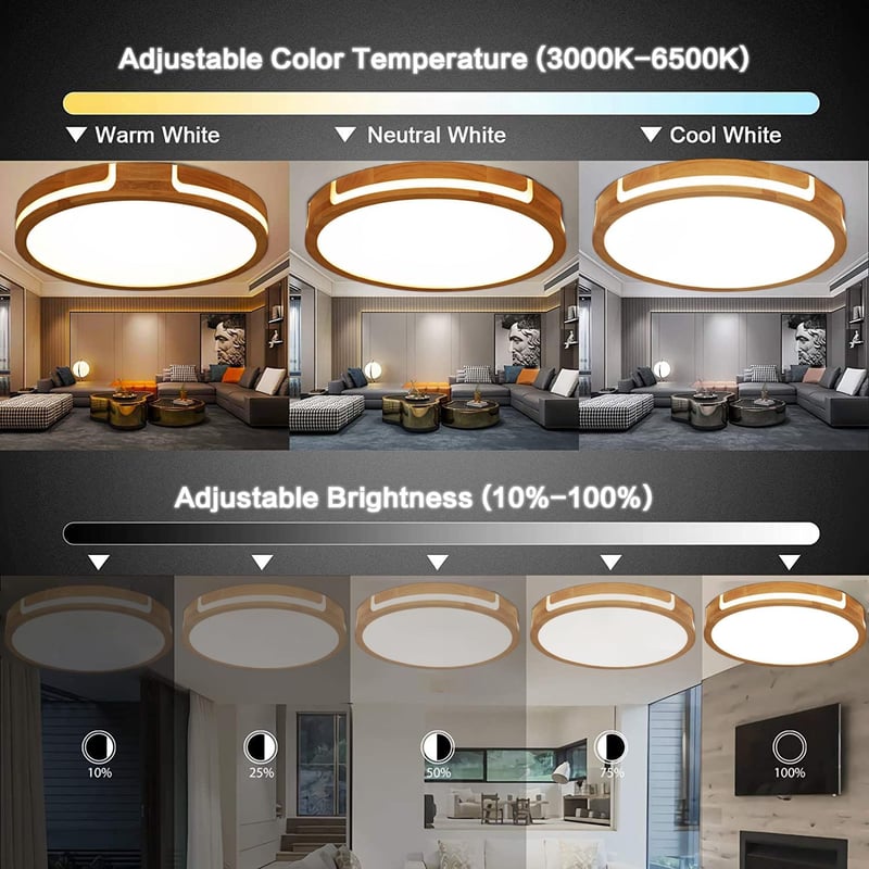 GHiycotdl 40 cm kerek mennyezeti lámpa 24W dimmelhető 3000-6000K fa design