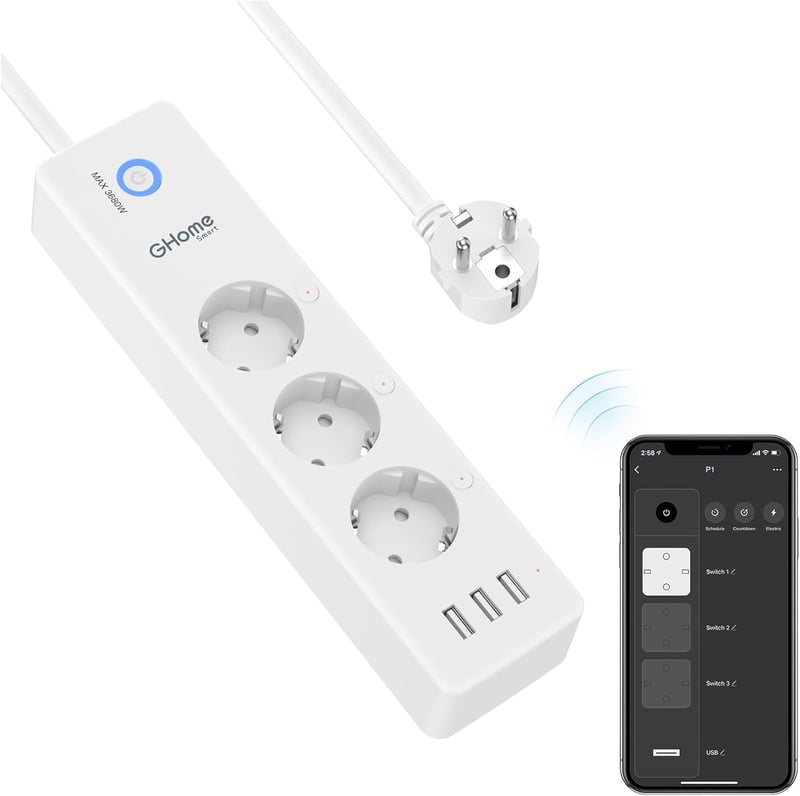 GHome Smart WiFi okos elosztó 3 aljzat 3 USB, Alexa Google Home kompatibilis - smart power strip