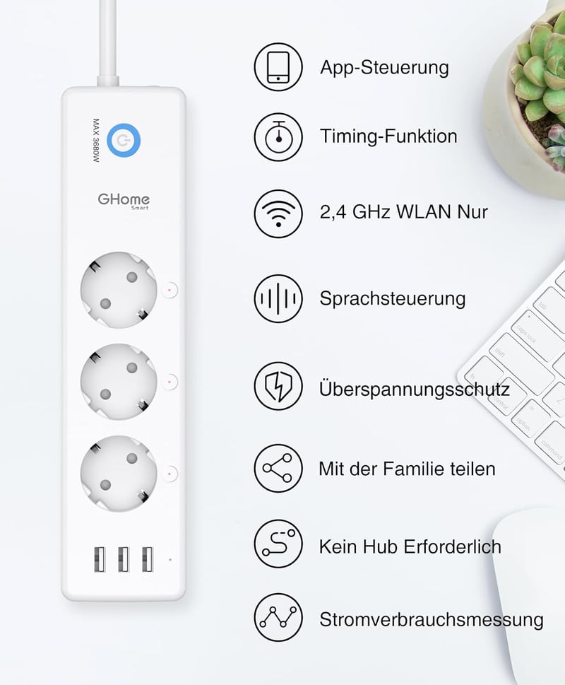GHome Smart WiFi okos elosztó 3 aljzat 3 USB, Alexa Google Home kompatibilis - smart power strip