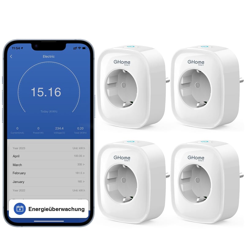 Priză inteligentă WiFi GHome 16A, 4 bucăți, compatibilă cu Alexa și Google Home, monitorizare consum, control prin aplicație și vocal, temporizator, 2.4GHz
