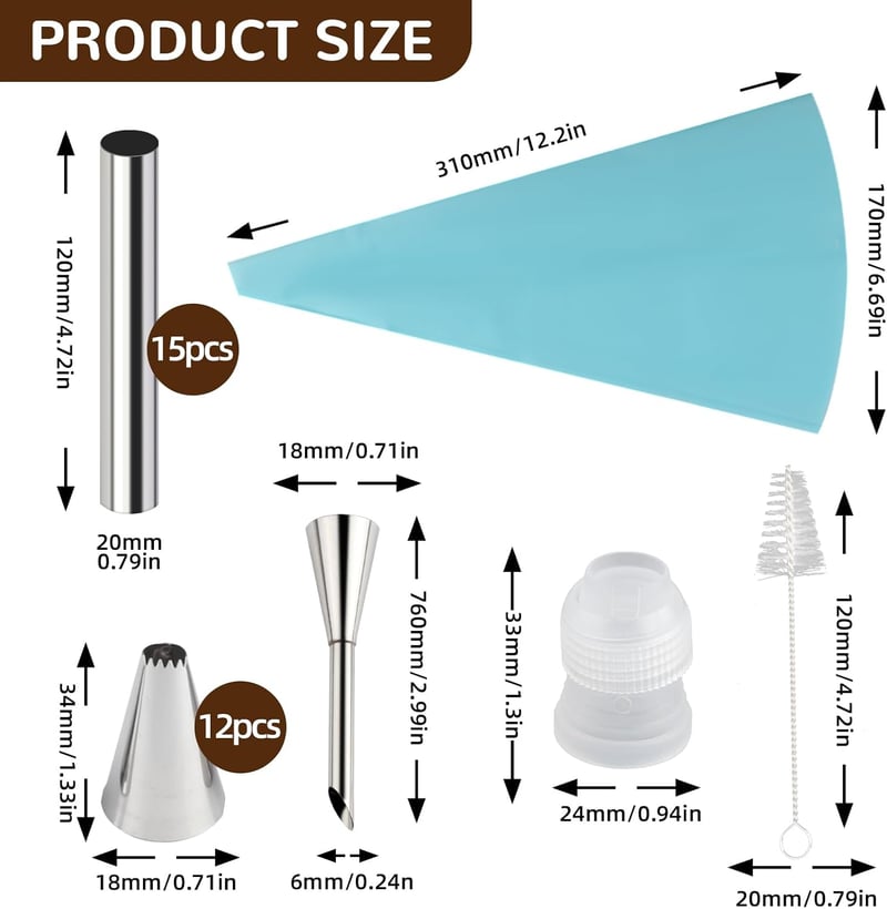 GHVACZS 15 darabos rozsdamentes habcsiga forma szett 12cm kefével és nyomózsákkal