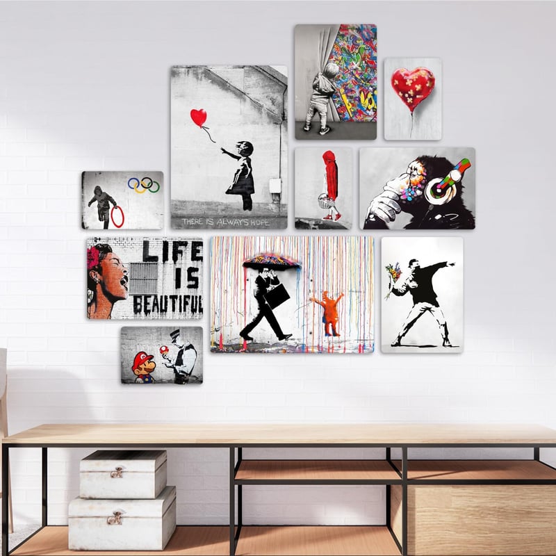 Giallobus Banksy 10 részes falikép szett MDF fából, többrészes dekoráció, falra szerelhető