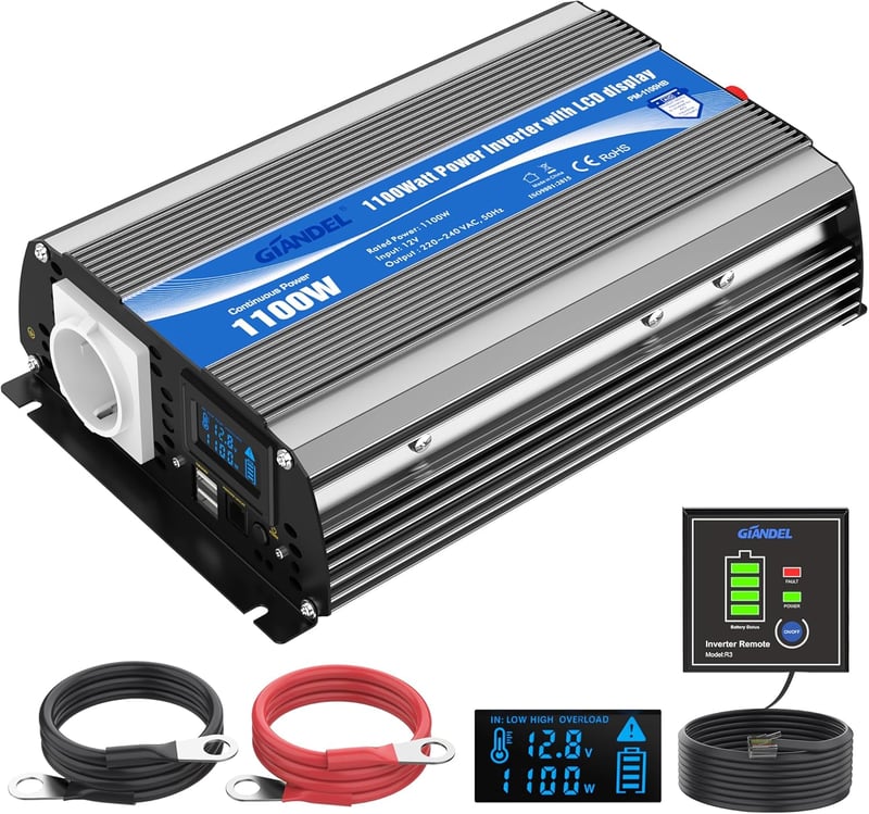 GIANDEL 1100W Inverter 12V-230V LiFePO4 Távirányítóval Lakóautóhoz
