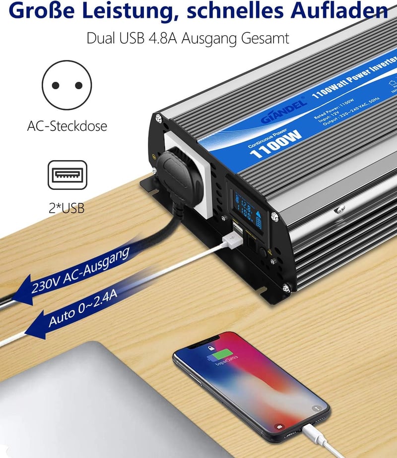 GIANDEL 1100W Inverter 12V-230V LiFePO4 Távirányítóval Lakóautóhoz