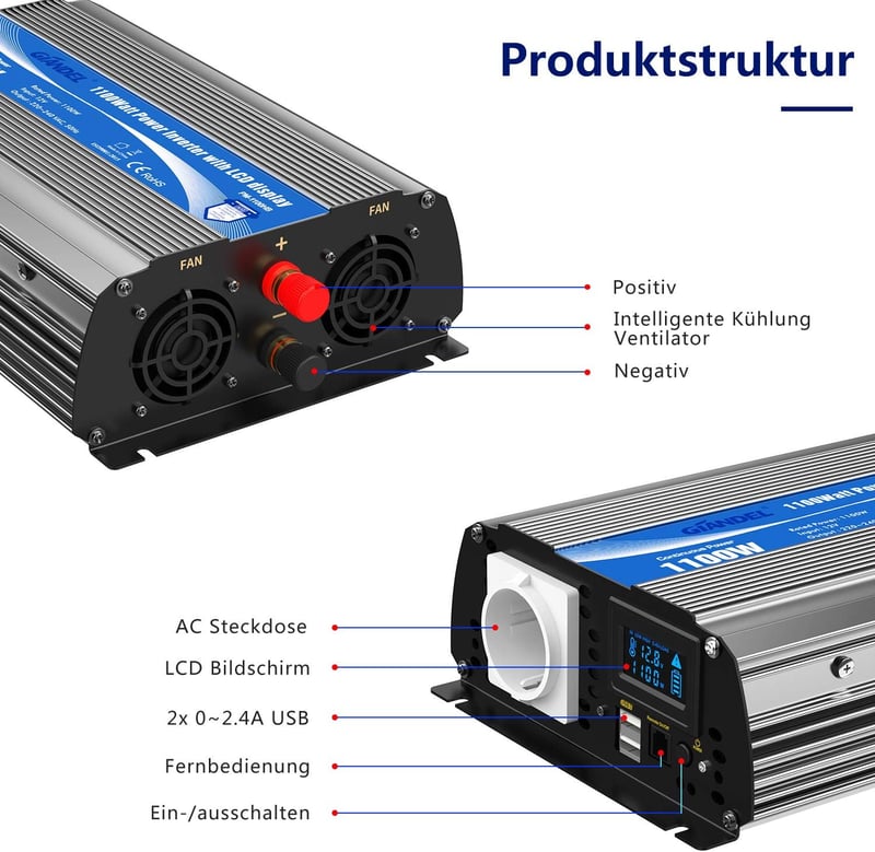 GIANDEL 1100W Inverter 12V-230V LiFePO4 Távirányítóval Lakóautóhoz