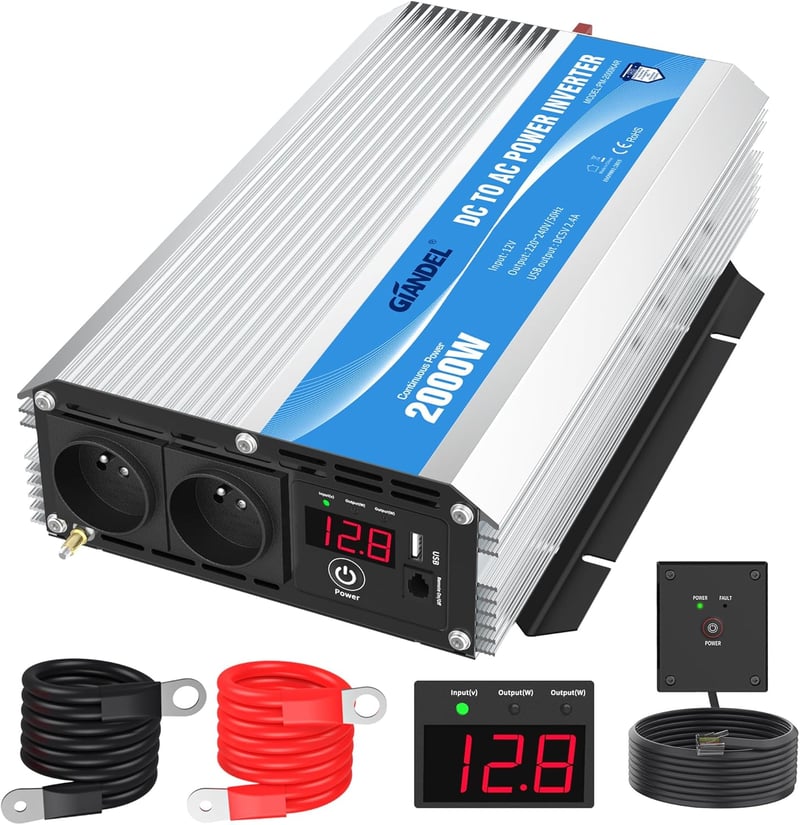 GIANDEL 2000W 12V-230V Inverter Távirányítóval és Dupla Aljzattal Autóhoz