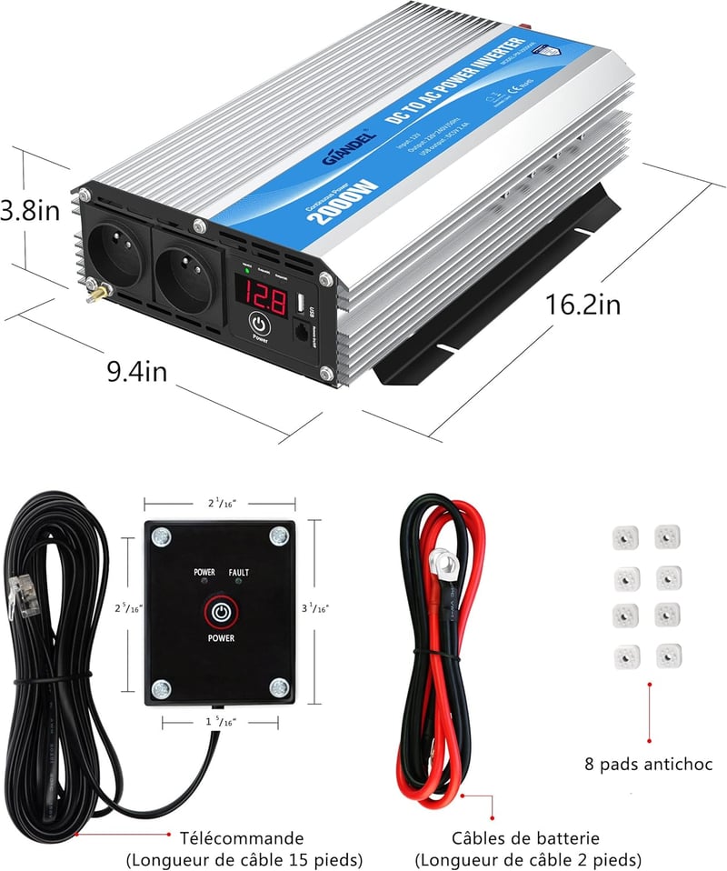 GIANDEL 2000W 12V-230V Inverter Távirányítóval és Dupla Aljzattal Autóhoz