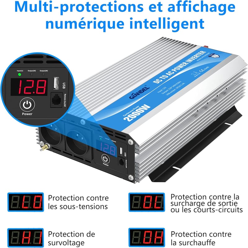 GIANDEL 2000W 12V-230V Inverter Távirányítóval és Dupla Aljzattal Autóhoz