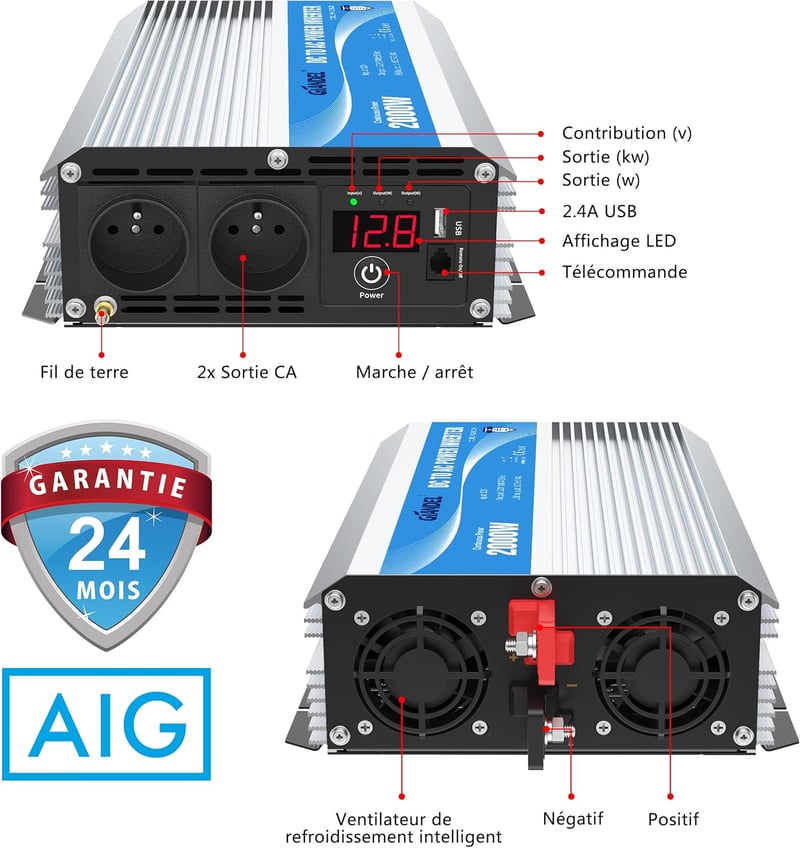 GIANDEL 2000W 12V-230V Inverter Távirányítóval és Dupla Aljzattal Autóhoz