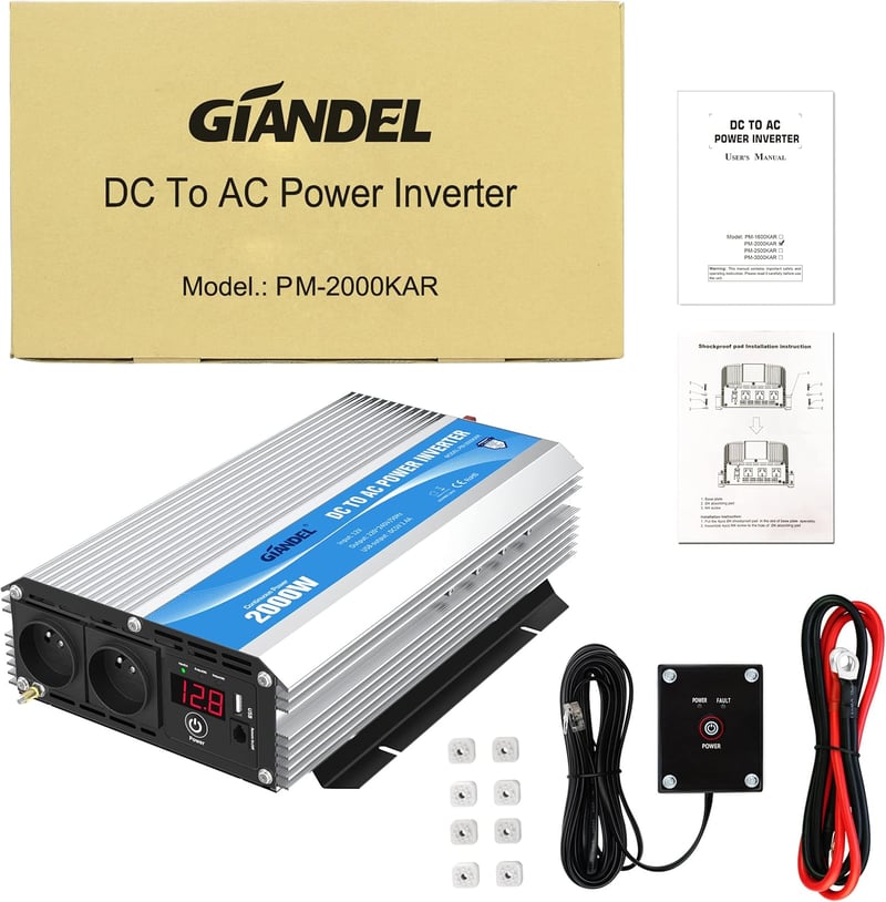 GIANDEL 2000W 12V-230V Inverter Távirányítóval és Dupla Aljzattal Autóhoz