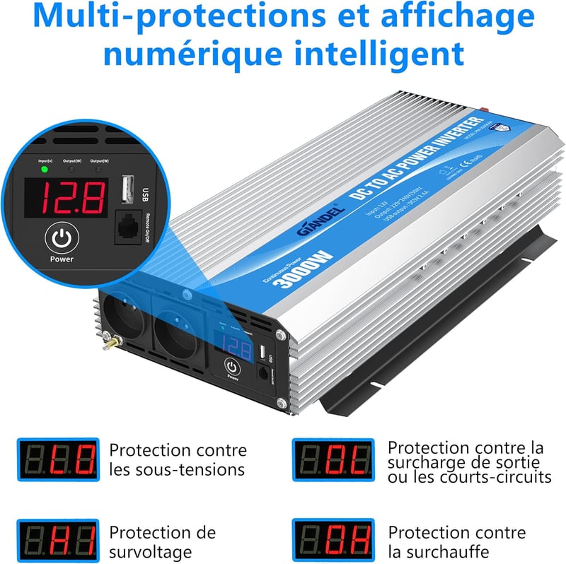 GIANDEL 3000W 12V-220V Inverter Átalakító Lítium Akkuhoz, Távirányítóval