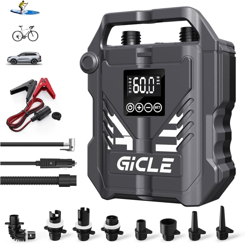 Gicle 60PSI Elektromos SUP Pumpa - Kétfokozatú Gyors Felfújás, 12V Autós Csatlakozó, 7 Fúvókával Paddleboardhoz, Gumiabroncshoz, Csónakhoz