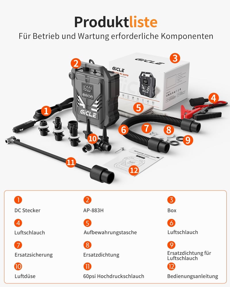 Gicle 60PSI elektromos SUP pumpa kétfokozatú gyors feltöltéshez autós 12V csatlakozóval