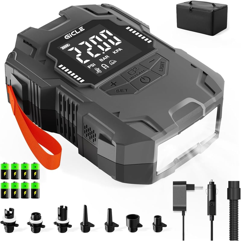 Gicle Hordozható SUP Pumpa 22 PSI - Elektromos Felfújó 12V Akkumulátorral, Automata Leállással, Type-C - Paddleboard, Csónak, Vízi Sport Kel