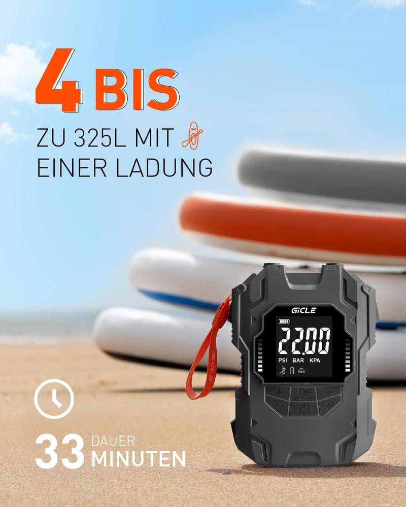 Gicle Hordozható SUP Pumpa 22 PSI - Elektromos Felfújó 12V Akkumulátorral, Automata Leállással, Type-C - Paddleboard, Csónak, Vízi Sport Kel