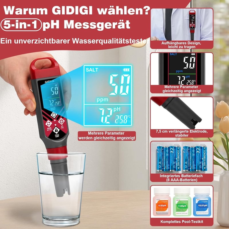 GIDIGI pH TDS EC Sótester Színes Kijelzővel Akvárium és Ivóvízhez