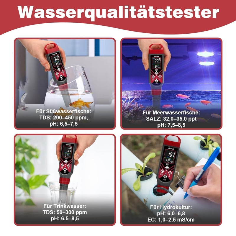 GIDIGI pH TDS EC Sótester Színes Kijelzővel Akvárium és Ivóvízhez
