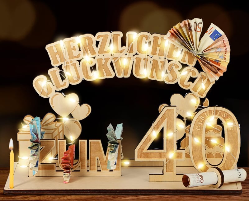 Giftota Fa Pénzajándék Tartó 40. Születésnapra LED Fényekkel - Egyedi Ajándék Férfiaknak/Nőknek, Festhető, Dekorálható Fa Tábla