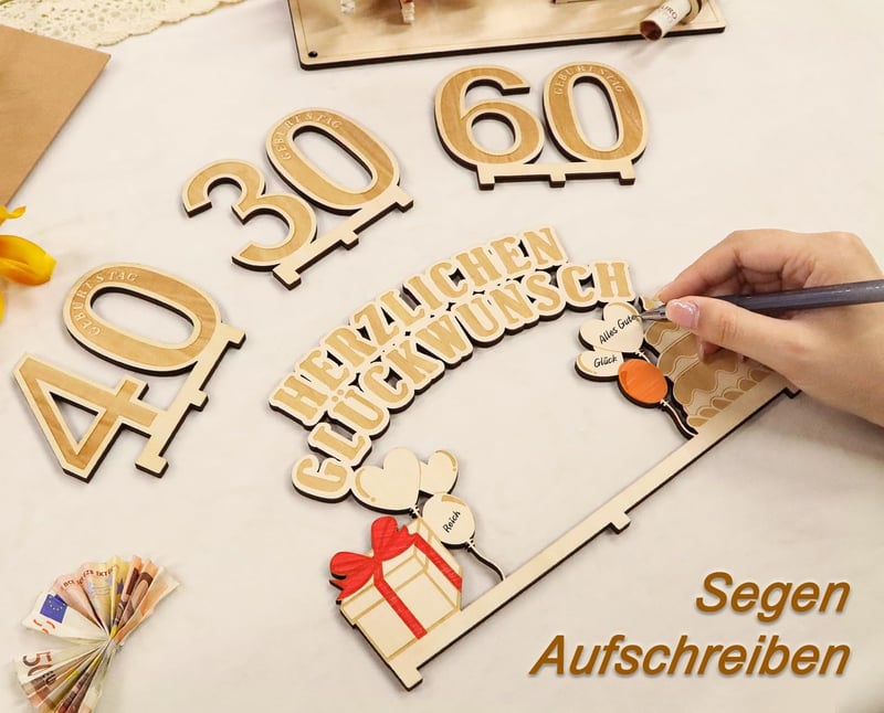 Giftota Fa Pénzajándék Tartó 60. Születésnapra LED Fényekkel - Egyedi Dekoráció Férfiaknak/Nőknek, Kézzel Írható Ajándék Fa Állvánnyal