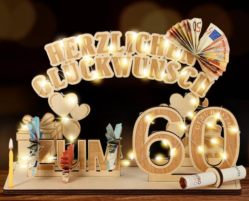 Giftota Fa Pénzajándék Tartó 60. Születésnapra LED Fényekkel - Egyedi Dekoráció Férfiaknak/Nőknek, Kézzel Írható Ajándék Fa Állvánnyal
