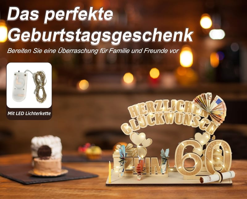 Giftota Fa Pénzajándék Tartó 60. Születésnapra LED Fényekkel - Egyedi Dekoráció Férfiaknak/Nőknek, Kézzel Írható Ajándék Fa Állvánnyal