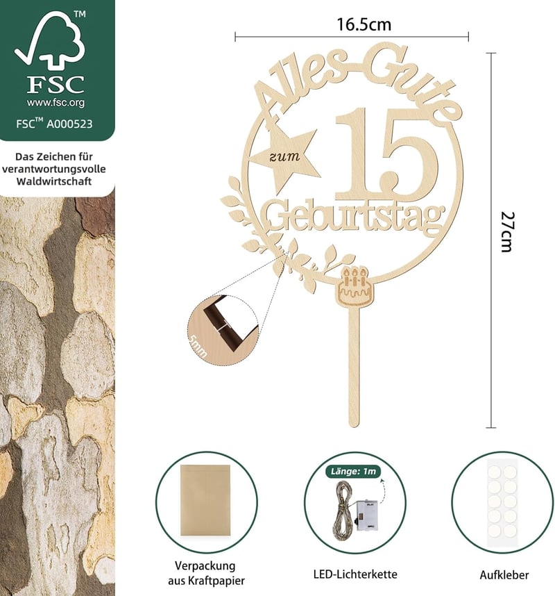 Giftota Fa Tortadísz 15. Születésnap LED Tündérfénnyel