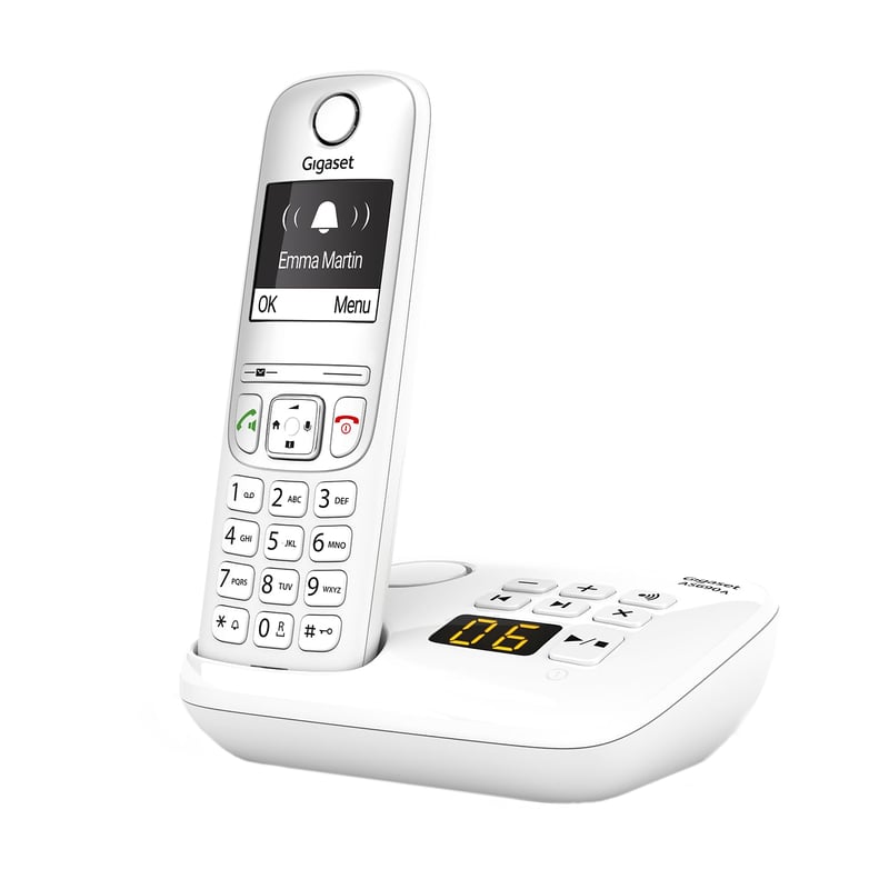 Bezdrôtový telefón Gigaset AS690A bielej farby s DECT technológiou, záznamníkom, funkciou hlasitého odposluchu, veľkým displejom a veľkými tlačidlami