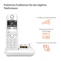 Bezdrôtový telefón Gigaset AS690A bielej farby s DECT technológiou, záznamníkom, funkciou hlasitého odposluchu, veľkým displejom a veľkými tlačidlami 4