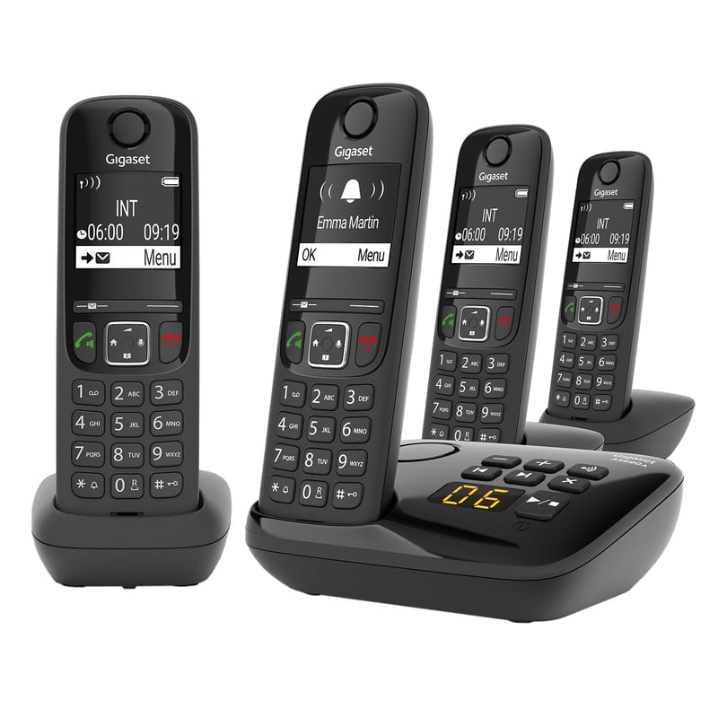 Sada bezdrôtových telefónov Gigaset AS690A Quattro DECT – 4 ks so záznamníkom – blokovanie hovorov – hlasitý odposluch – čierna